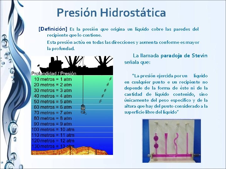 Presión Hidrostática [Definición] Es la presión que origina un liquido cobre las paredes del