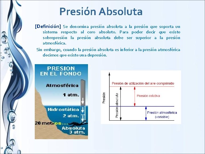 Presión Absoluta [Definición] Se denomina presión absoluta a la presión que soporta un sistema