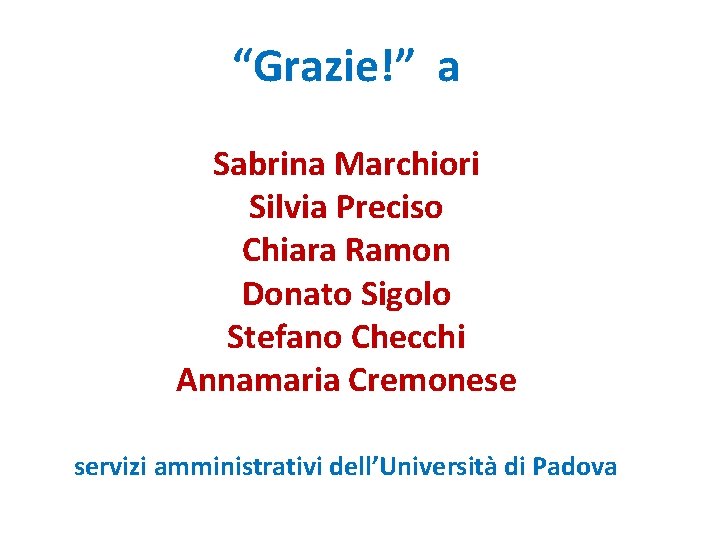 “Grazie!” a Sabrina Marchiori Silvia Preciso Chiara Ramon Donato Sigolo Stefano Checchi Annamaria Cremonese