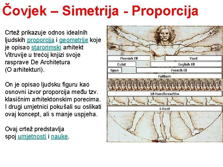 Čovjek – Simetrija - Proporcija Crtež prikazuje odnos idealnih ljudskih proporcija i geometrije koje