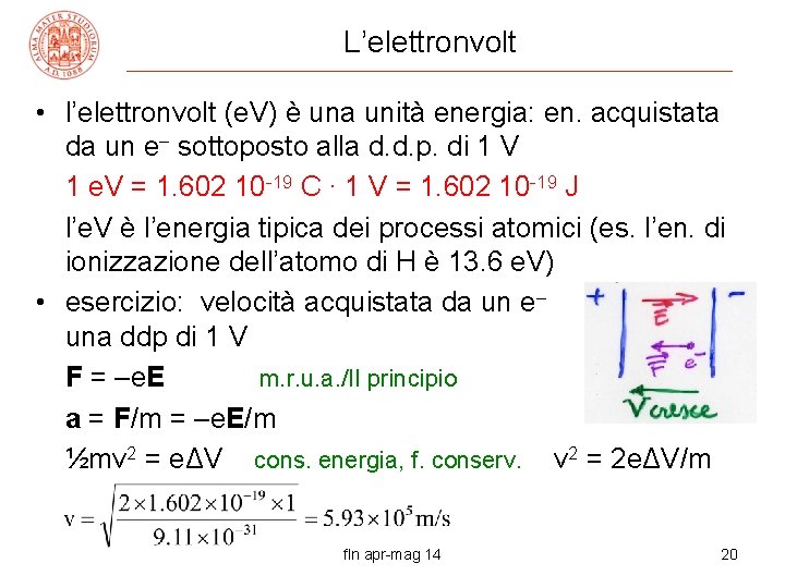 L’elettronvolt • l’elettronvolt (e. V) è una unità energia: en. acquistata da un e–
