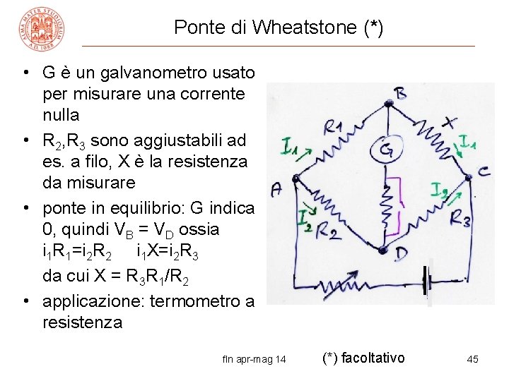 Ponte di Wheatstone (*) • G è un galvanometro usato per misurare una corrente