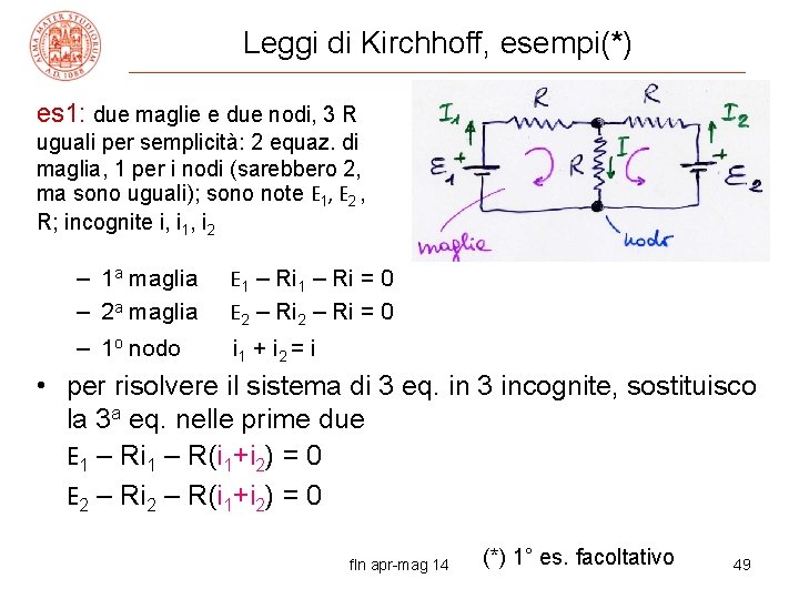 Leggi di Kirchhoff, esempi(*) es 1: due maglie e due nodi, 3 R uguali