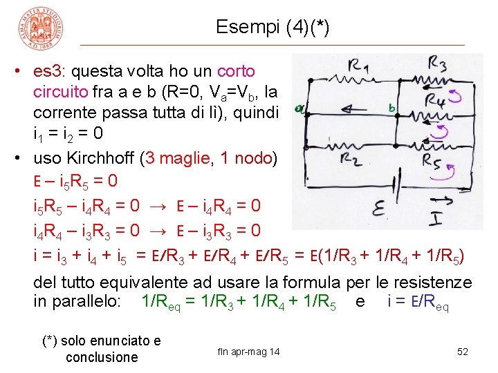 Esempi (4)(*) • es 3: questa volta ho un corto circuito fra a e