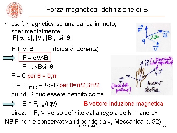 Forza magnetica, definizione di B • es. f. magnetica su una carica in moto,