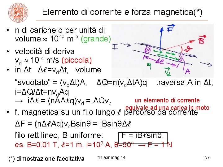 Elemento di corrente e forza magnetica(*) • n di cariche q per unità di