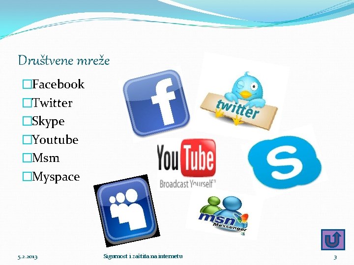 Društvene mreže �Facebook �Twitter �Skype �Youtube �Msm �Myspace 5. 2. 2013. Sigurnost i zaštita