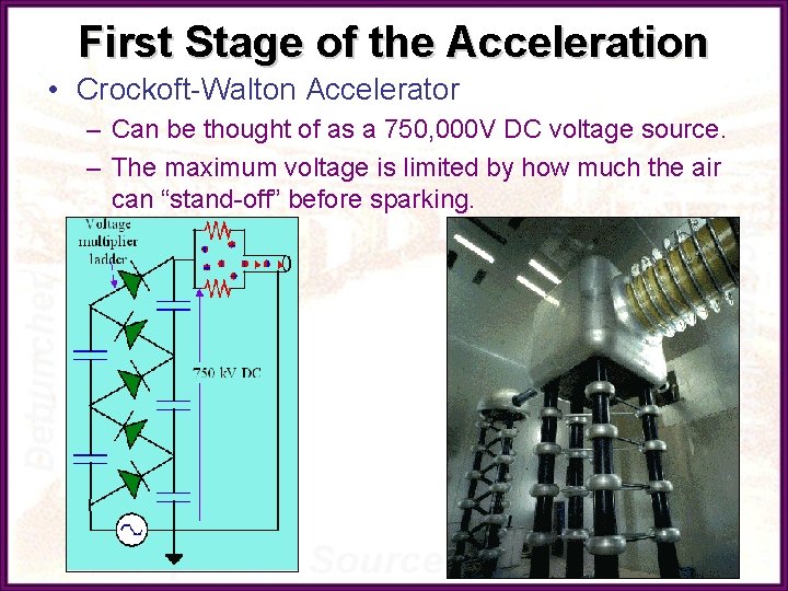 First Stage of the Acceleration • Crockoft-Walton Accelerator – Can be thought of as