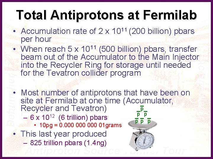 Total Antiprotons at Fermilab • Accumulation rate of 2 x 1011 (200 billion) pbars