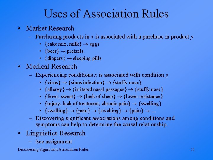 Uses of Association Rules • Market Research – Purchasing products in x is associated