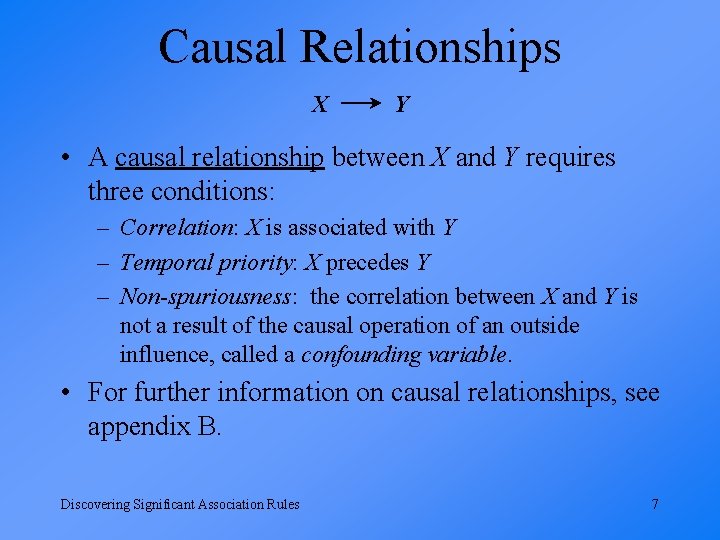 Causal Relationships X Y • A causal relationship between X and Y requires three