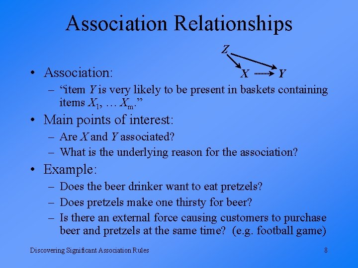 Association Relationships Z • Association: X Y – “item Y is very likely to