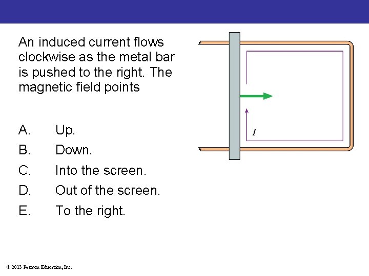 An induced current flows clockwise as the metal bar is pushed to the right.