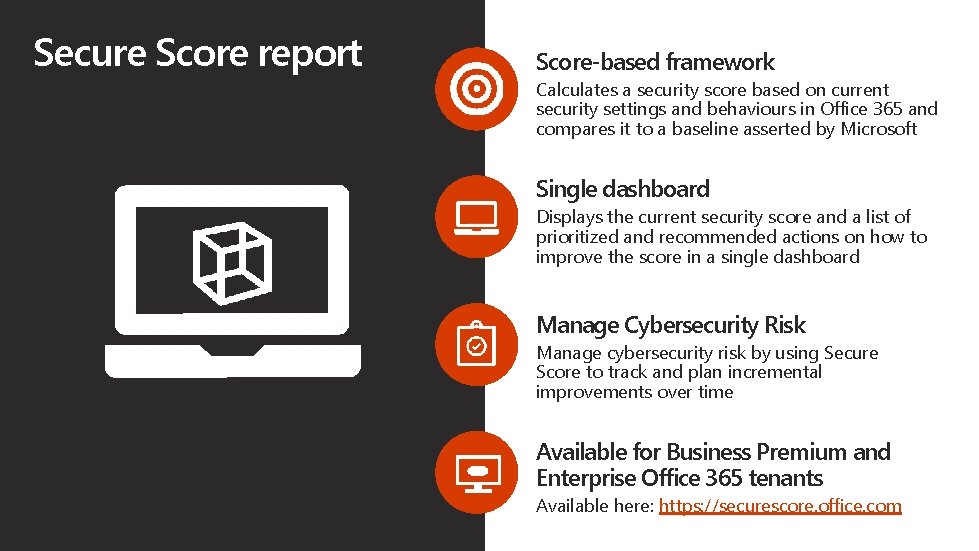 Secure Score report Score-based framework Calculates a security score based on current security settings Secure Score report Score-based framework Calculates a security score based on current security settings
