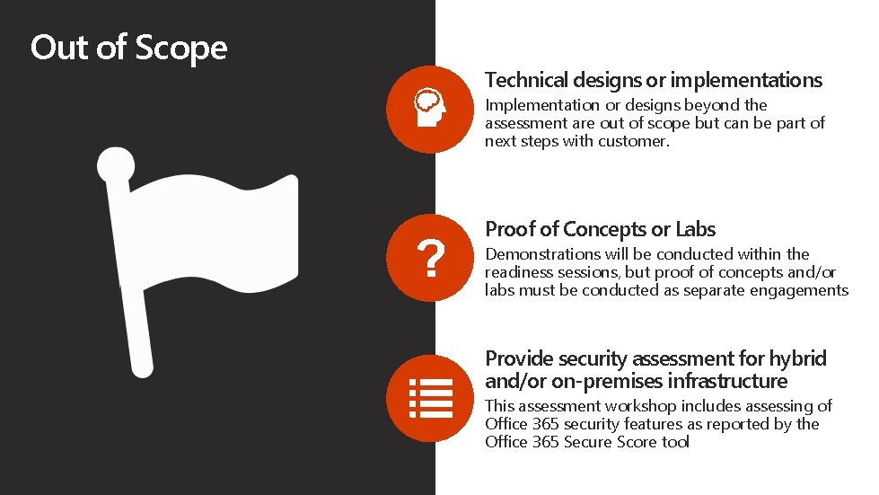 Out of Scope Technical designs or implementations Implementation or designs beyond the assessment are Out of Scope Technical designs or implementations Implementation or designs beyond the assessment are