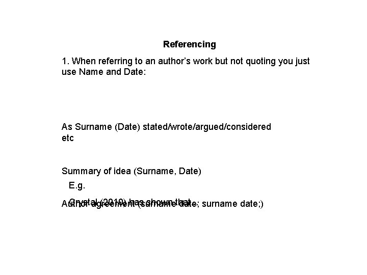 Referencing 1. When referring to an author’s work but not quoting you just use