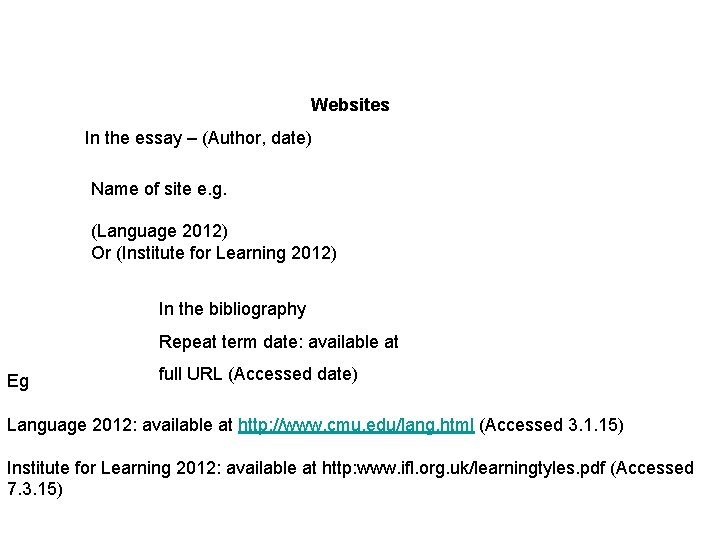 Websites In the essay – (Author, date) Name of site e. g. (Language 2012)