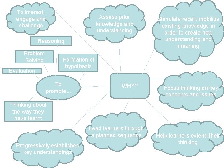 To interest, engage and challenge Assess prior knowledge and understanding Reasoning Problem Solving Evaluation