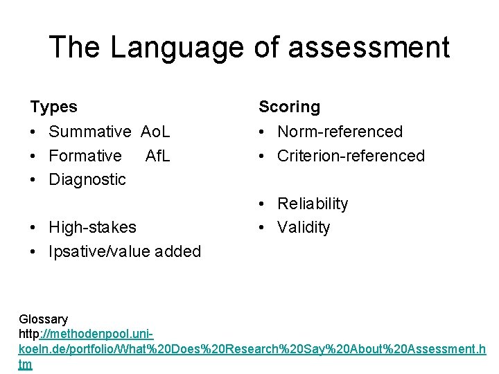 The Language of assessment Types Scoring • Summative Ao. L • Formative Af. L