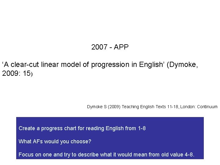 2007 APP ‘A clear cut linear model of progression in English’ (Dymoke, 2009: 15)