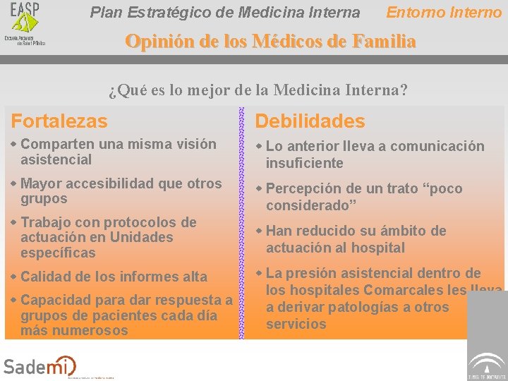 Plan Estratégico de Medicina Interna Entorno Interno Opinión de los Médicos de Familia ¿Qué