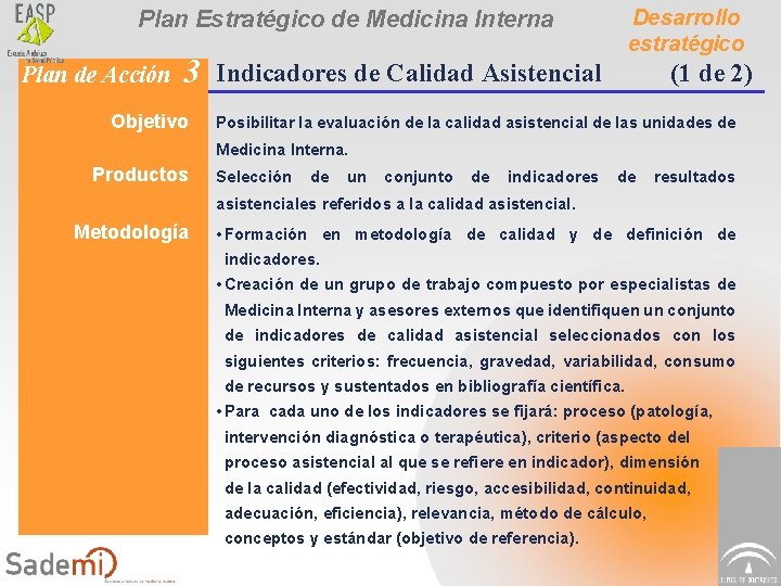Desarrollo estratégico Plan Estratégico de Medicina Interna Plan de Acción 3 Objetivo Indicadores de