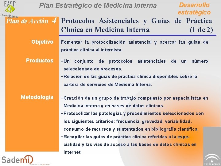 Desarrollo estratégico Plan Estratégico de Medicina Interna Plan de Acción 4 Objetivo Protocolos Asistenciales