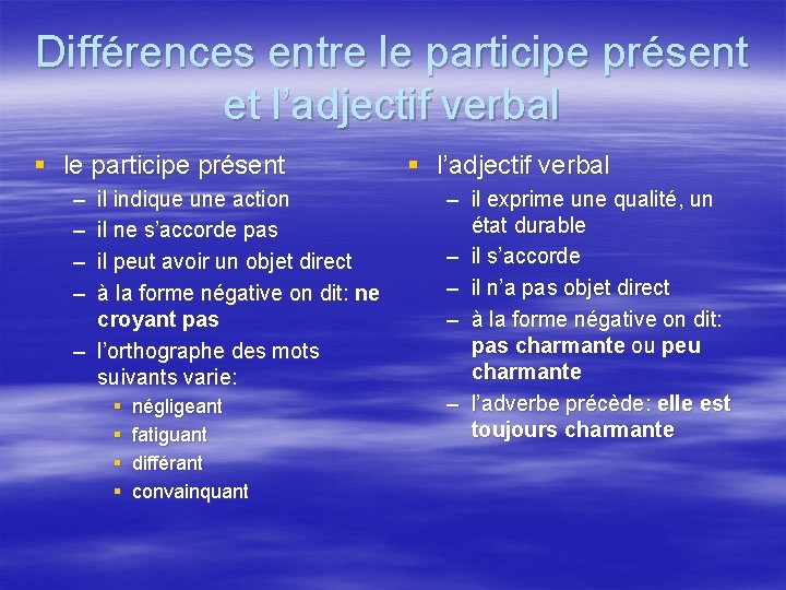 Différences entre le participe présent et l’adjectif verbal § le participe présent – –