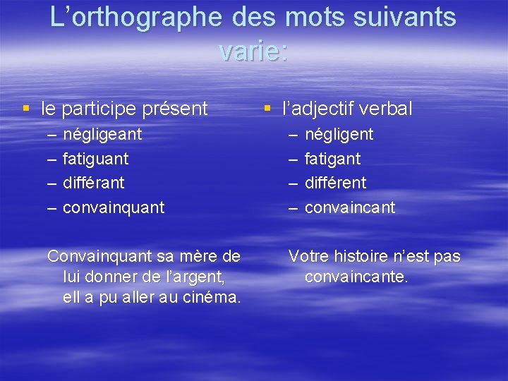 L’orthographe des mots suivants varie: § le participe présent – – négligeant fatiguant différant