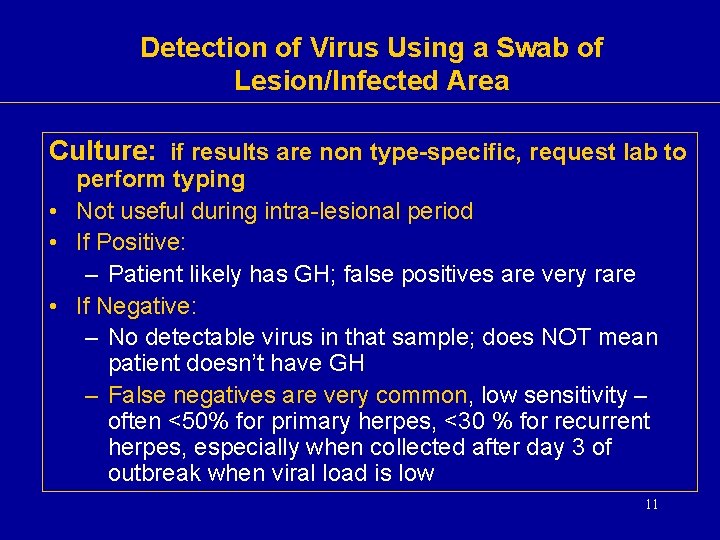 Detection of Virus Using a Swab of Lesion/Infected Area Culture: if results are non Detection of Virus Using a Swab of Lesion/Infected Area Culture: if results are non