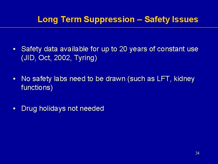 Long Term Suppression – Safety Issues • Safety data available for up to 20 Long Term Suppression – Safety Issues • Safety data available for up to 20