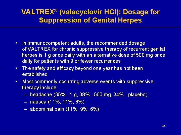 VALTREX® (valacyclovir HCl): Dosage for Suppression of Genital Herpes • In immunocompetent adults, the VALTREX® (valacyclovir HCl): Dosage for Suppression of Genital Herpes • In immunocompetent adults, the