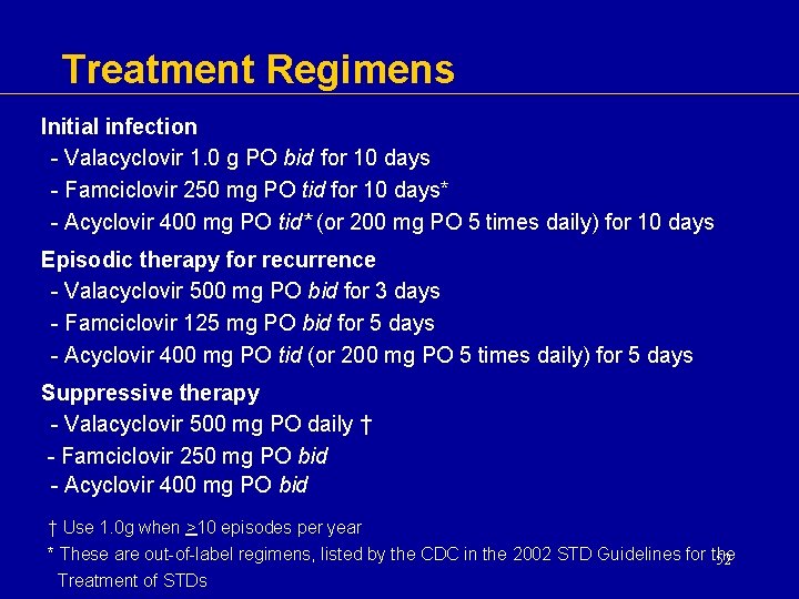 Treatment Regimens Initial infection - Valacyclovir 1. 0 g PO bid for 10 days Treatment Regimens Initial infection - Valacyclovir 1. 0 g PO bid for 10 days