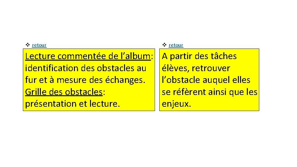 v retour Lecture commentée de l’album: identification des obstacles au fur et à mesure