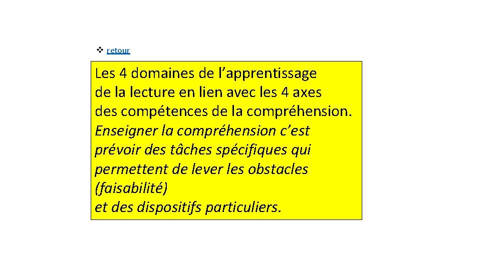 v retour Les 4 domaines de l’apprentissage de la lecture en lien avec les
