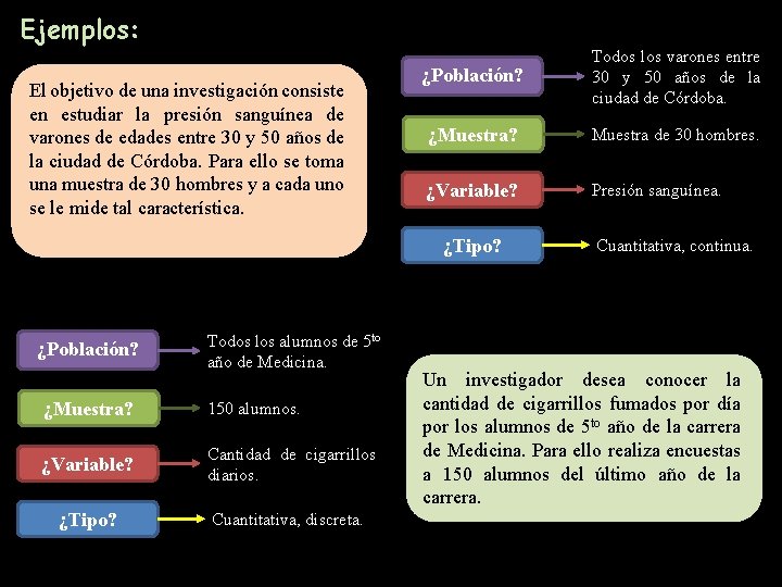 Ejemplos: El objetivo de una investigación consiste en estudiar la presión sanguínea de varones