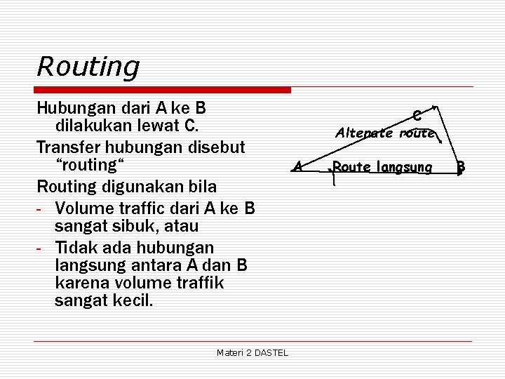 Routing Hubungan dari A ke B dilakukan lewat C. Transfer hubungan disebut “routing“ Routing