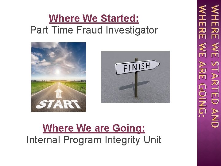 Where We Started: Part Time Fraud Investigator Where We are Going: Internal Program Integrity