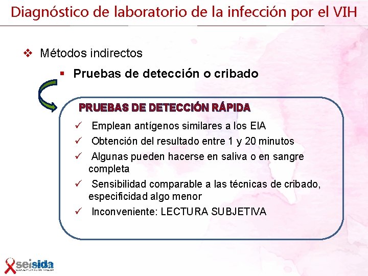 Diagnóstico de laboratorio de la infección por el VIH v Métodos indirectos § Pruebas