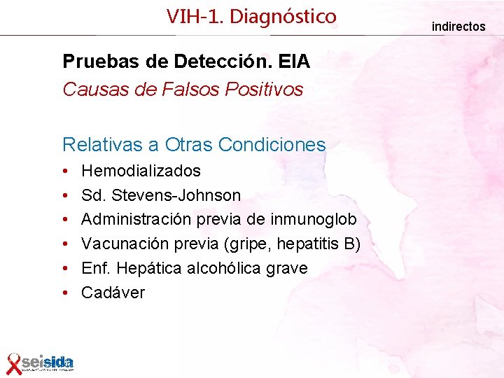 VIH-1. Diagnóstico Pruebas de Detección. EIA Causas de Falsos Positivos Relativas a Otras Condiciones