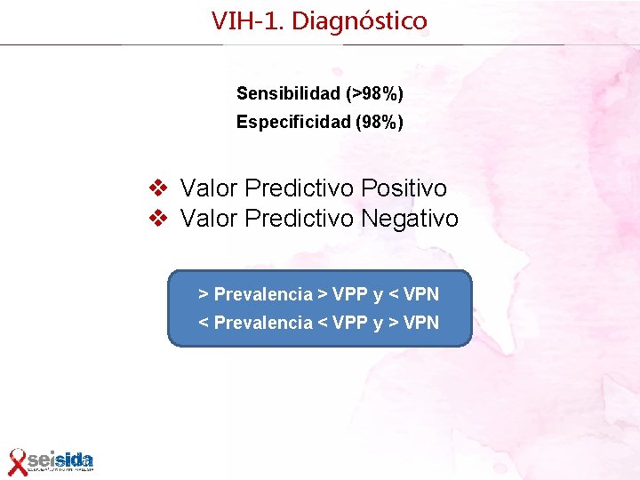 VIH-1. Diagnóstico Sensibilidad (>98%) Especificidad (98%) v Valor Predictivo Positivo v Valor Predictivo Negativo