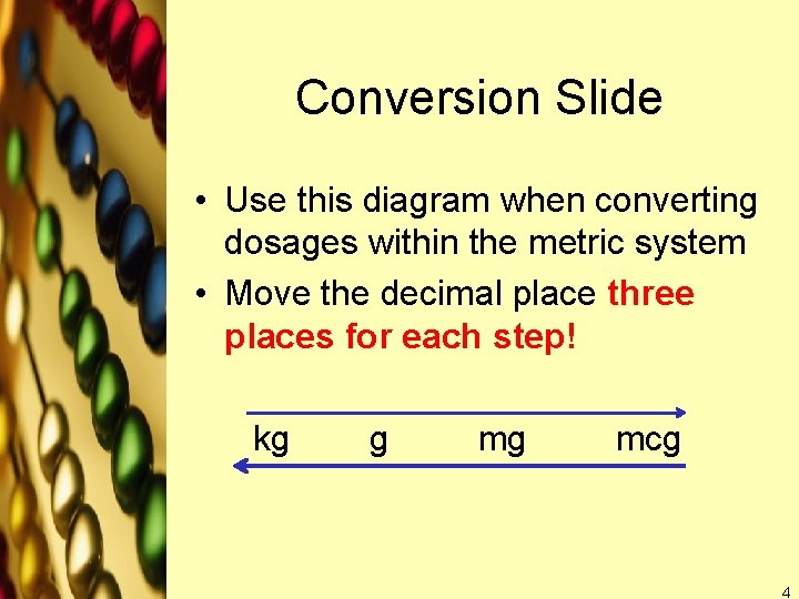 Conversion Slide • Use this diagram when converting dosages within the metric system •