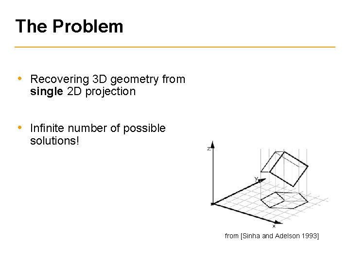 The Problem • Recovering 3 D geometry from single 2 D projection • Infinite