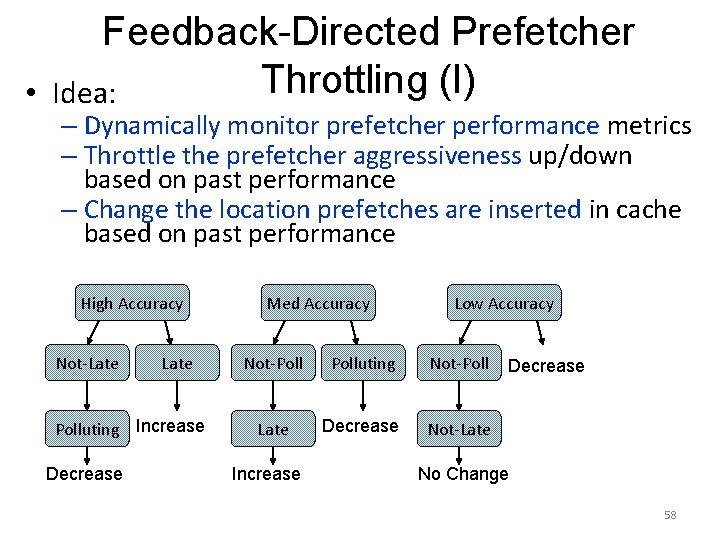 Feedback-Directed Prefetcher Throttling (I) • Idea: – Dynamically monitor prefetcher performance metrics – Throttle