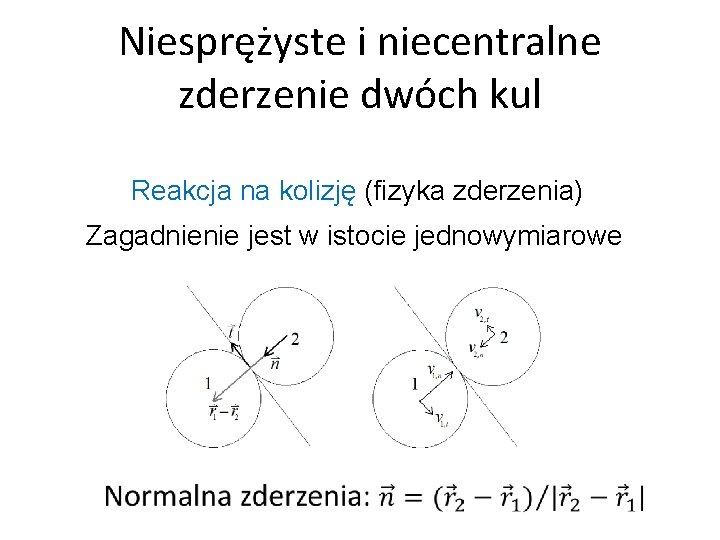 Niesprężyste i niecentralne zderzenie dwóch kul Reakcja na kolizję (fizyka zderzenia) Zagadnienie jest w