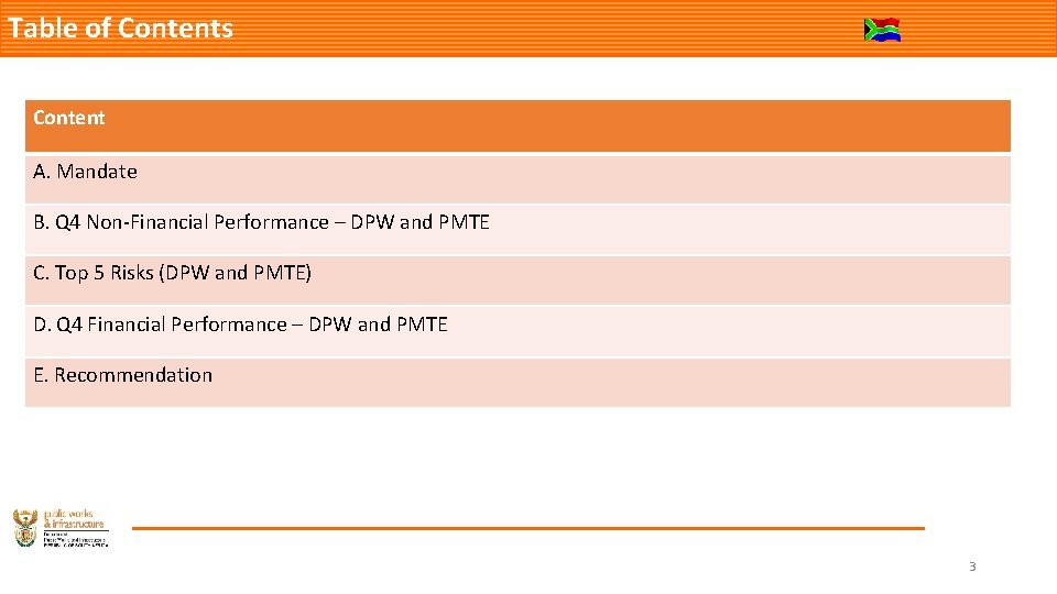 Table of Contents Content A. Mandate B. Q 4 Non-Financial Performance – DPW and