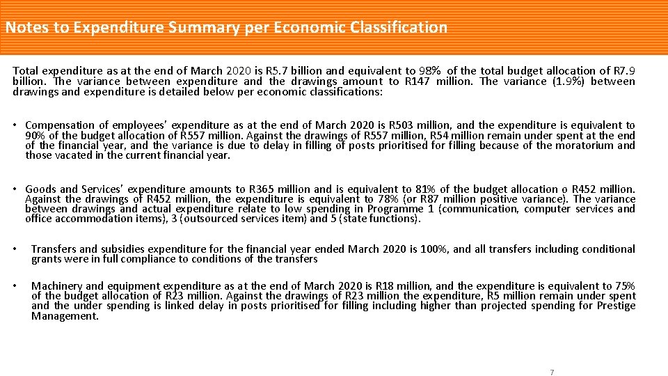 Notes to Expenditure Summary per Economic Classification Total expenditure as at the end of