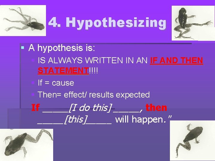4. Hypothesizing A hypothesis is: IS ALWAYS WRITTEN IN AN IF AND THEN STATEMENT!!!!