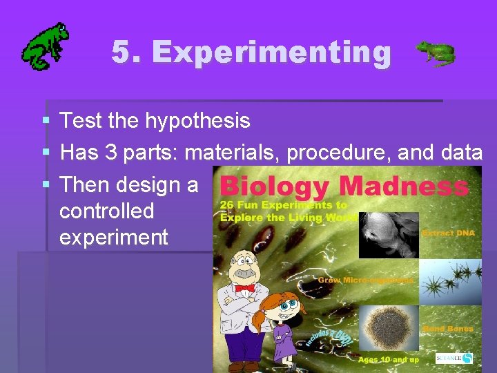 5. Experimenting Test the hypothesis Has 3 parts: materials, procedure, and data Then design