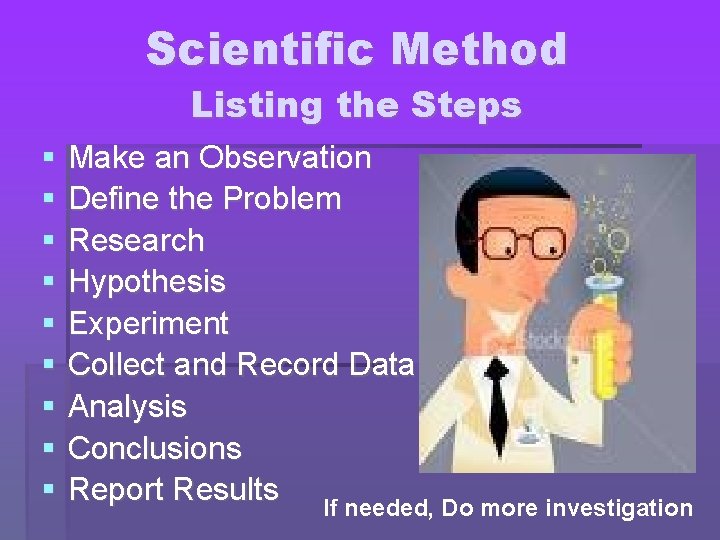 Scientific Method Listing the Steps Make an Observation Define the Problem Research Hypothesis Experiment